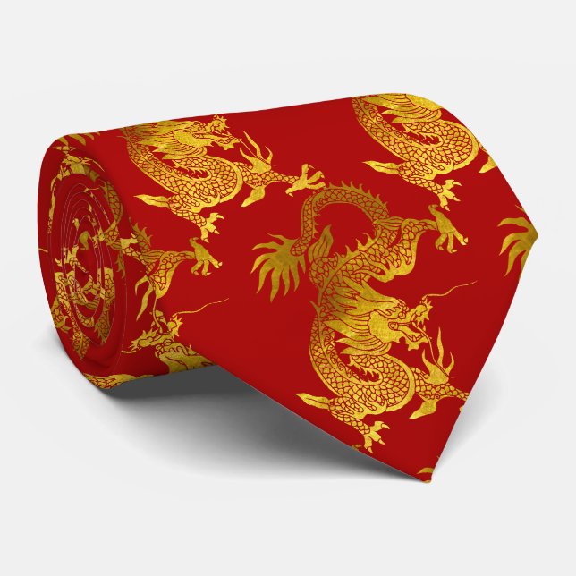 Gold Dragon Papercut Chinese New Year Zodiac Red Tie (Rolled)