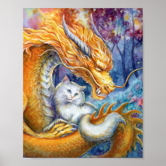 Gold Dragon & White Cat in Forest Watercolor Art Poster
