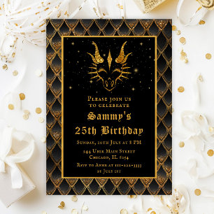 Gold Dragon with Black Scales Birthday Party Invitation