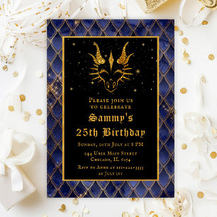 Gold Dragon with Navy Blue Scales Birthday Party Invitation