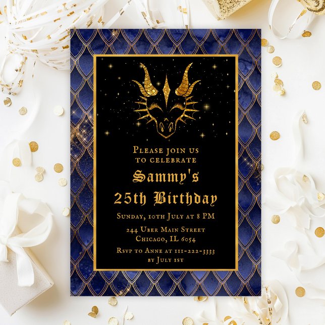 Gold Dragon with Navy Blue Scales Birthday Party Invitation (Creator Uploaded)