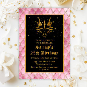 Gold Dragon with Pink Scales Birthday Party Invitation