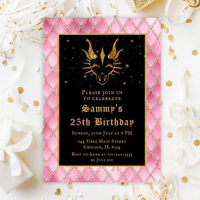 Gold Dragon with Pink Scales Birthday Party Invitation (Creator Uploaded)