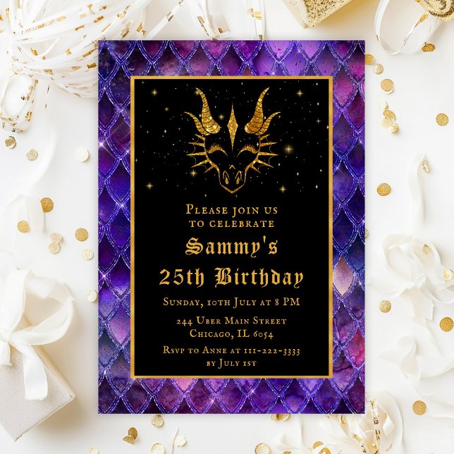 Gold Dragon with Purple Scales Birthday Party Invitation (Creator Uploaded)