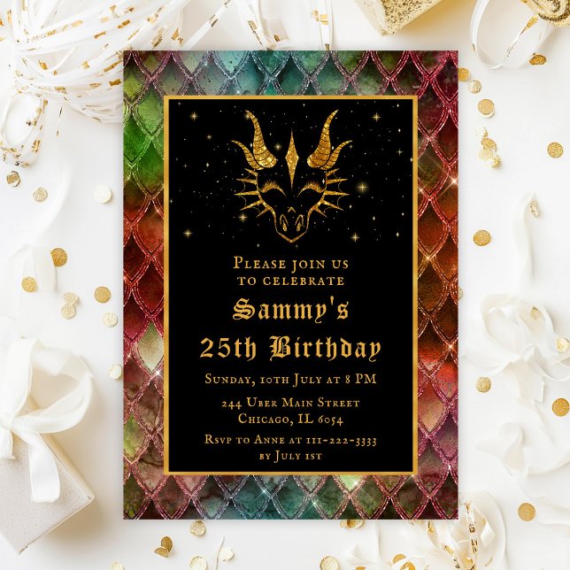 Gold Dragon with Rainbow Scales Birthday Party Invitation (Creator Uploaded)
