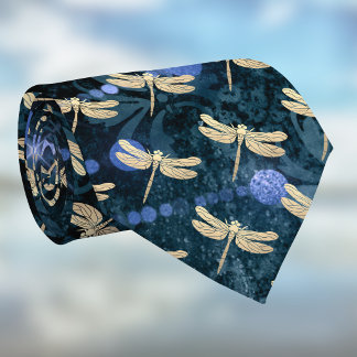 Gold Dragonflies on Vintage Teal Blue Damask Tie