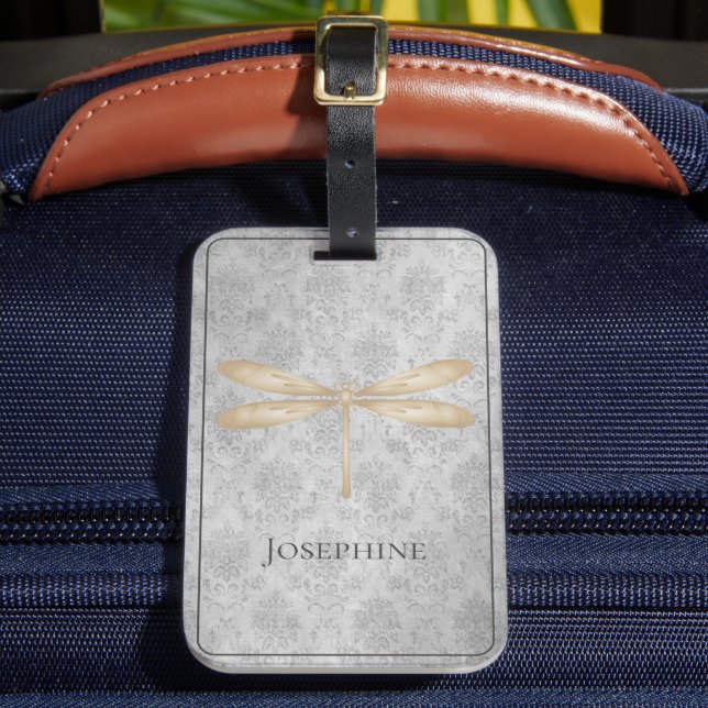 Gold Dragonfly Damask Luggage Tag (Front Insitu 2)