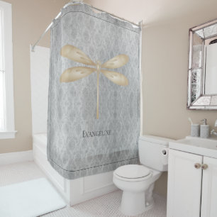 Gold Dragonfly Damask Shower Curtain