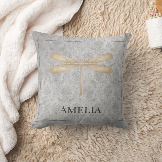 Gold Dragonfly Damask Throw Pillow (Blanket)