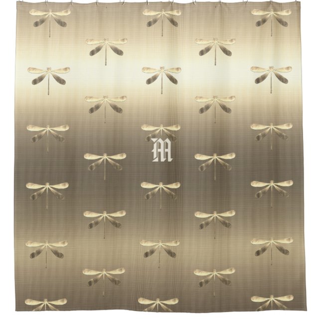 Gold Dragonfly Monogram Pattern Shower Curtain (Front)