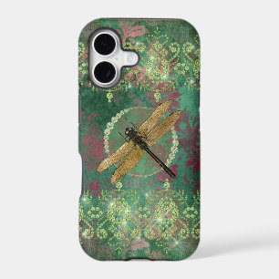 Gold Dragonfly on Green With Rhinestones