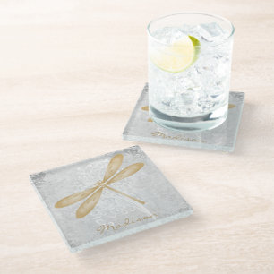 Gold Dragonfly Personalised Glass Coaster