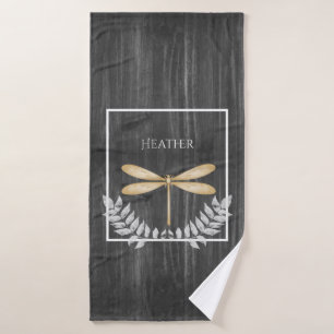 Gold Dragonfly Rustic Personalised Bath Towel Set