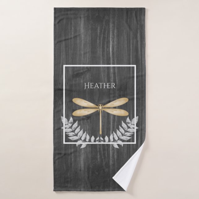 Gold Dragonfly Rustic Personalised Bath Towel Set (Bath Towel)