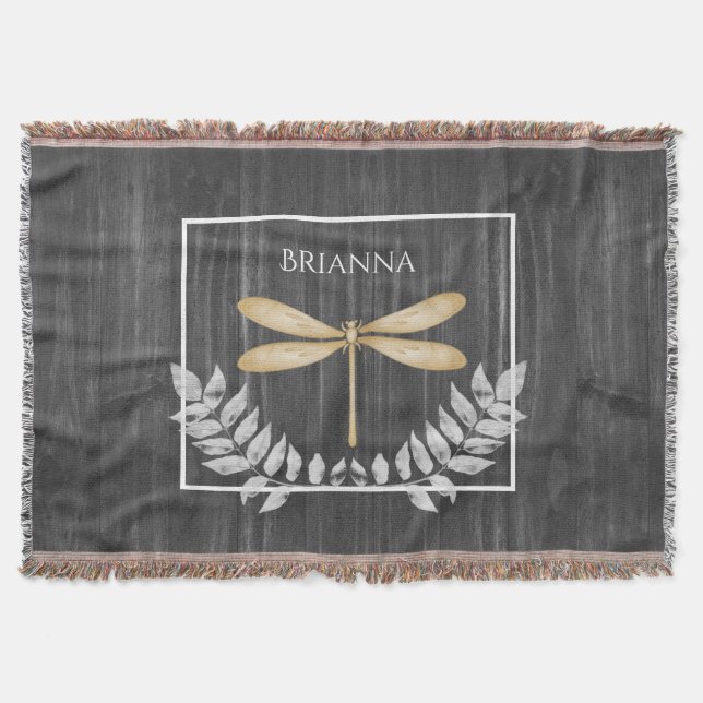 Gold Dragonfly Rustic Personalised  Throw Blanket (Front)
