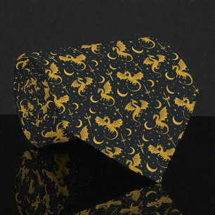 Gold Dragons on Black Necktie Tie