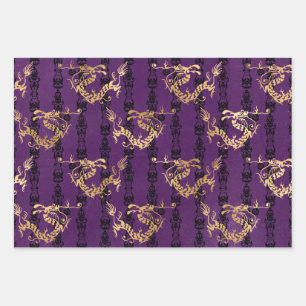 Gold Dragons on Purple Wrapping Paper Sheet