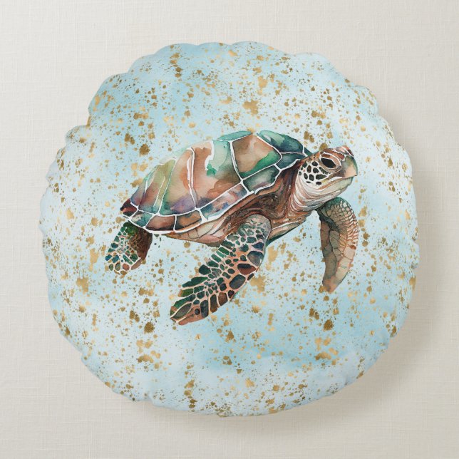 Gold Dream Sea Turtle Round Cushion (Front)