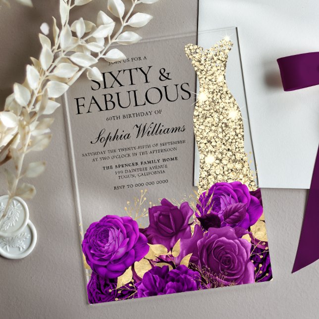 Gold Dress 60th Birthday Party Purple Flower Acrylic Invitations (Creator Uploaded)