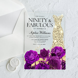Gold Dress 90th Birthday Party Purple Flower Acrylic Invitations