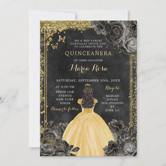 Gold Dress and Black Rose Royale Quinceañera Invitation (Front)