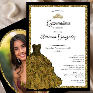 Gold Dress and Tiara Custom Photo Quinceanera Invitation
