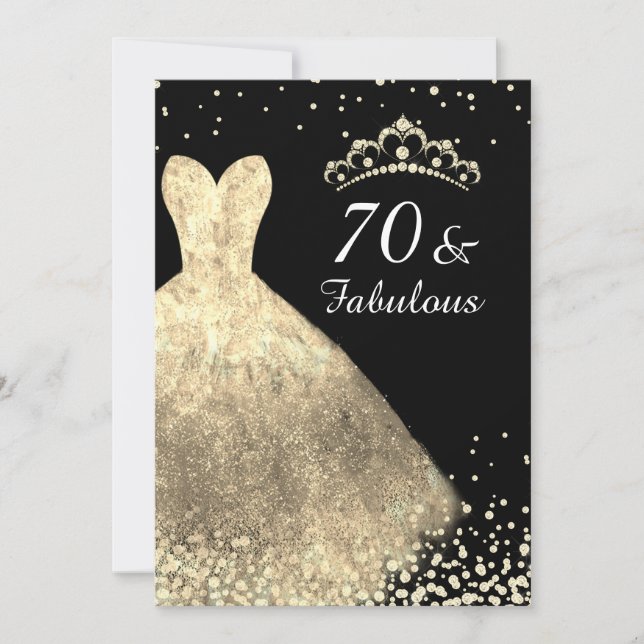 Gold Dress & Black 70 & Fabulous 70th Birthday Invitation (Front)