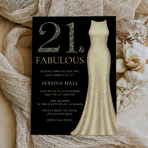 Gold Dress & Black Womans 21st Birthday Party Invitation