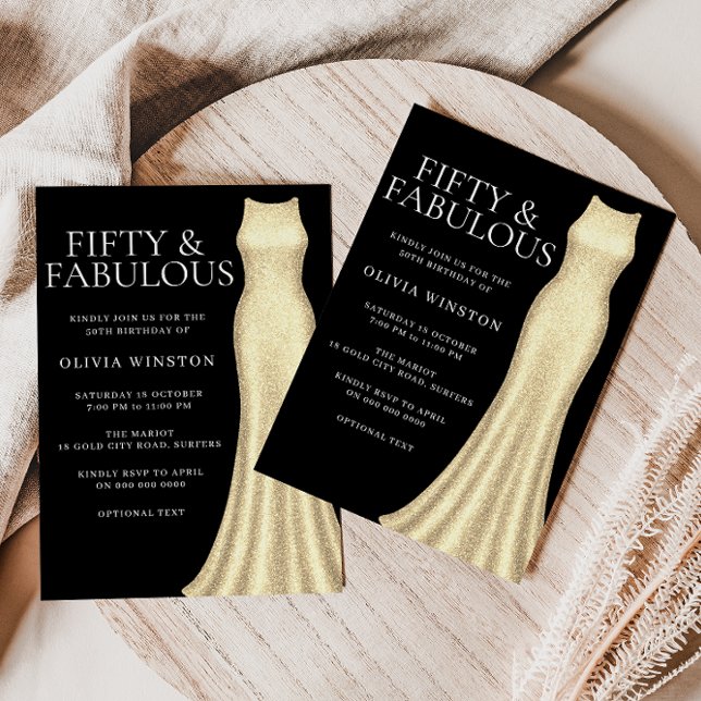 Gold Dress & Black Womans 50th Birthday Party Invitation (Creator Uploaded)