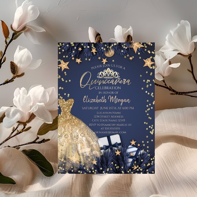 Gold Dress,Branches,Diamonds Navy Blue Quinceañera Invitation (Creator Uploaded)