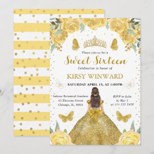 Gold Dress Brunette Princess Sweet 16 Invitation