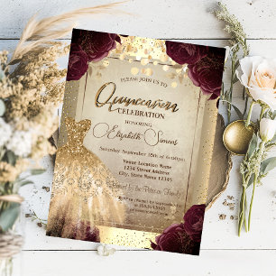 Gold Dress Burgundy Roses Confetti Quinceañera Invitation