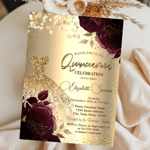 Gold Dress Burgundy Roses Quinceañera Invitation