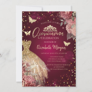 Gold Dress,Butterflies Red Flowers Quinceañera Invitation