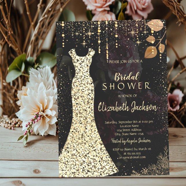 Gold Dress,Confetti Dark Roses Bridal Shower Invitation (Creator Uploaded)