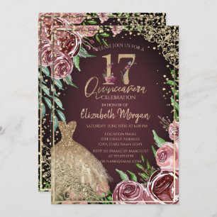 Gold Dress Diamonds Burgundy Roses Quinceañera Invitation