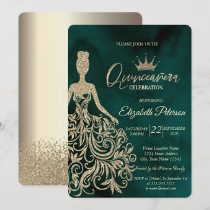 Gold Dress,Diamonds Champagne Green Quinceañera  Invitation