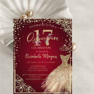 Gold Dress Diamonds Floral Red Quinceañera Invitation