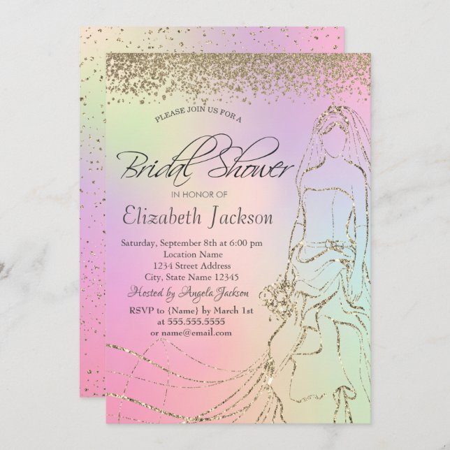 Gold Dress,Diamonds Holographic Bridal Shower Invitation (Front/Back)