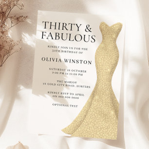 Gold Dress Elegant Thirty & Fabulous 30th Birthday Invitation