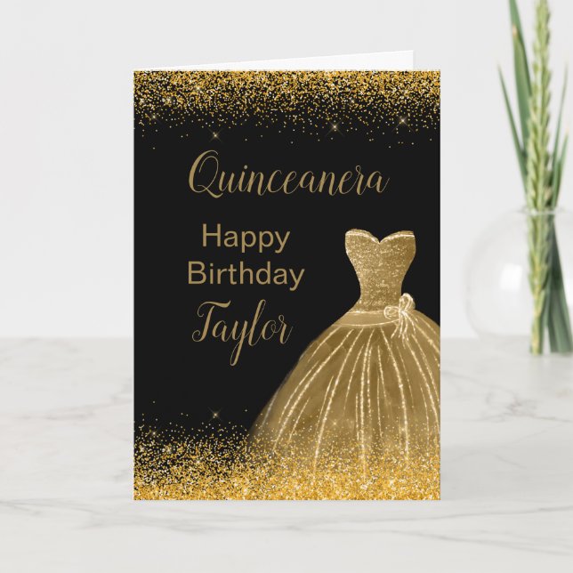 Gold Dress Faux Glitter Quinceanera Card (Front)
