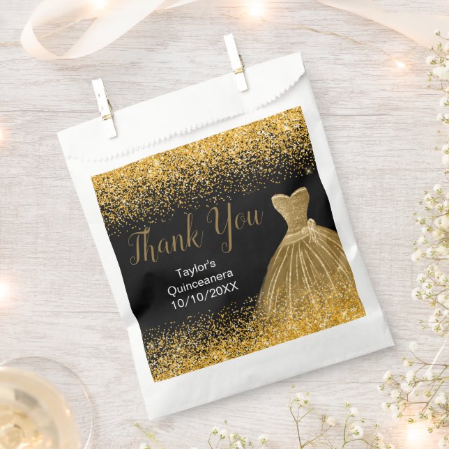 Gold Dress Faux Glitter Quinceanera Favour Bags (Clipped)