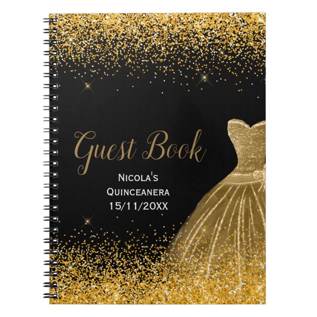 Gold Dress Faux Glitter Quinceanera Guest Book (Front)