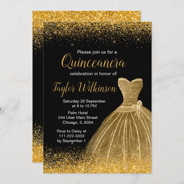 Gold Dress Faux Glitter Quinceanera Invitation (Front/Back)