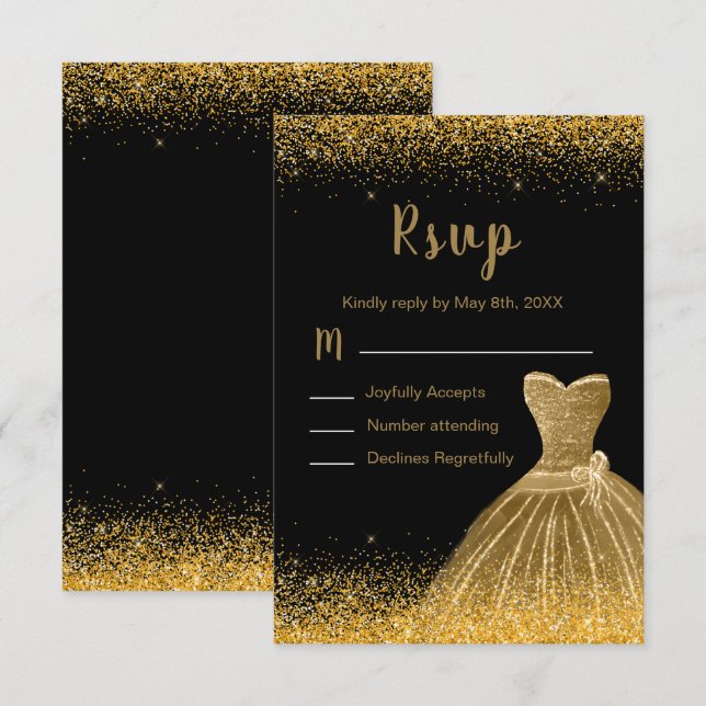 Gold Dress Faux Glitter Quinceanera RSVP Card (Front/Back)