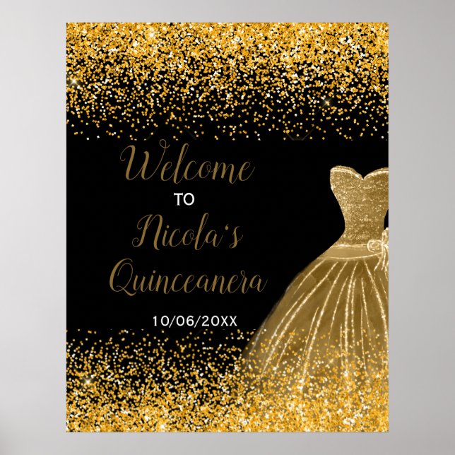 Gold Dress Faux Glitter Quinceanera Welcome Poster (Front)