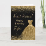 Gold Dress Faux Glitter Sweet 16 Birthday Card<br><div class="desc">A beautiful gold themed elegant watercolor dress gown on a black background with faux glitter at the top and bottom of the card. 
All of the text can be personalised to suit your own requirements.</div>
