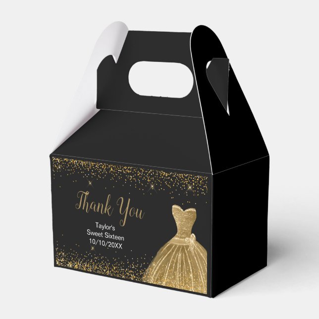 Gold Dress Faux Glitter Sweet 16 Birthday Favour Box (Front Side)