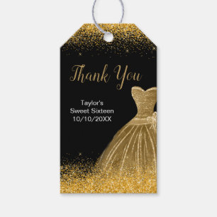 Gold Dress Faux Glitter Sweet 16 Birthday Gift Tags