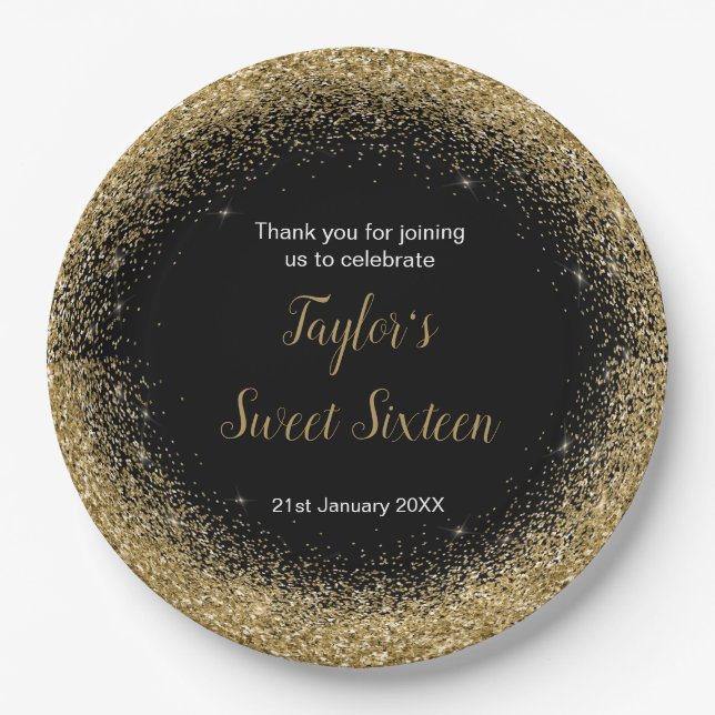 Gold Dress Faux Glitter Sweet 16 Birthday Paper Plate (Front)